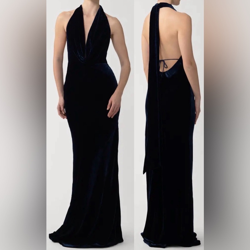 NEW SAU LEE midnight blue halter velvet gown sz 10